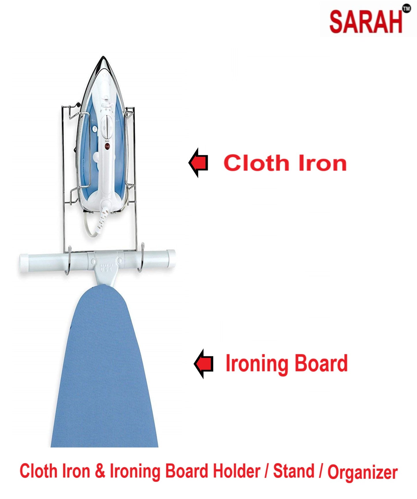 SARAH ® Premium, Heavy Duty, Universal Type, Wall Mountable Stainless Steel, Ironing Board &amp; Cloth Iron Holder / Stand / Organizer. Suitable for all major brand of Cloth Iron and help in organizing your home.