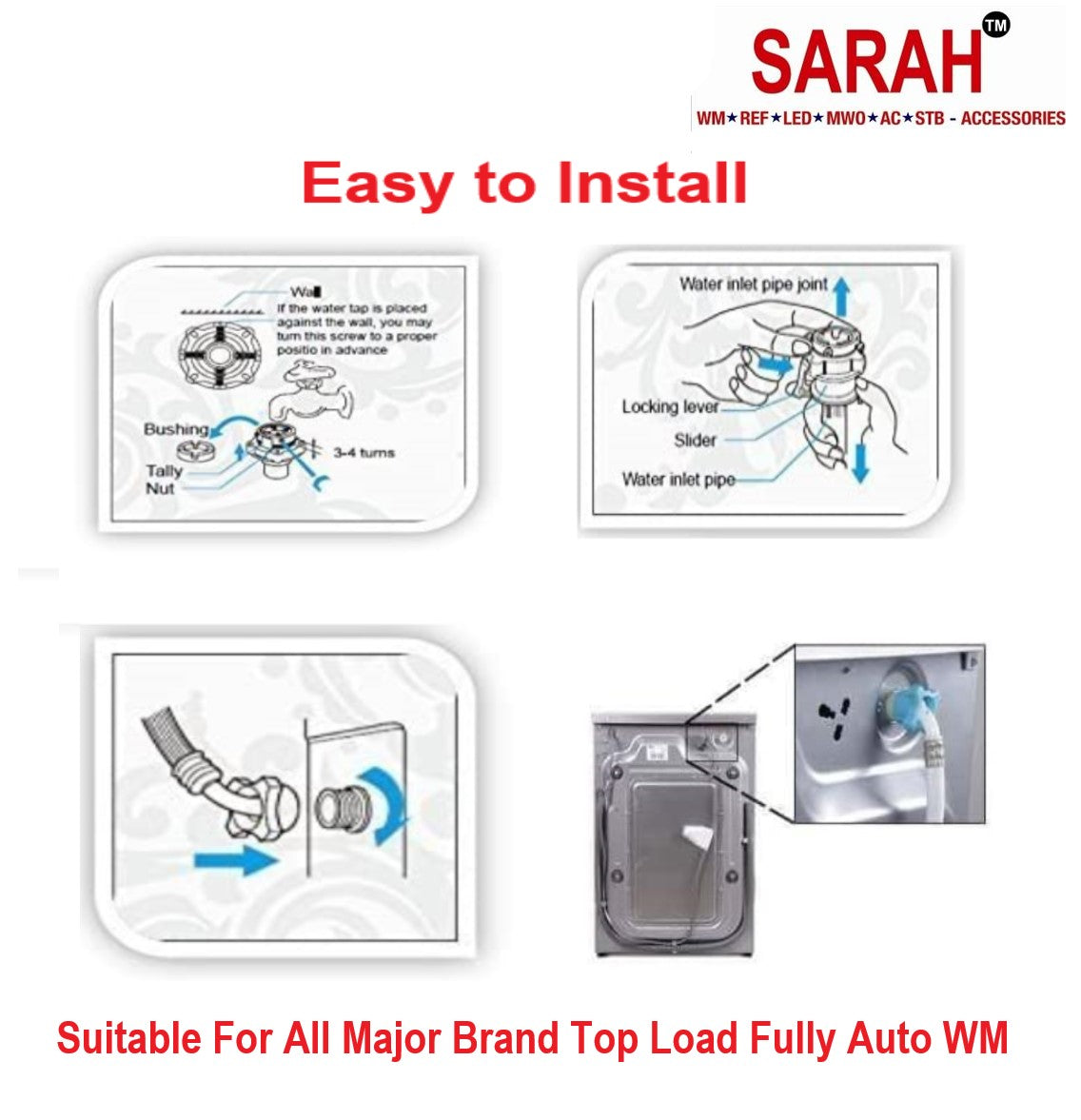 SARAH ® - 1 Meter, Premium, Heavy Duty Universal Type Inlet Hose Pipe for Top Loading Fully Automatic Washing Machine. Suitable for all major brands Top Loading Fully Automatic Washing Machine (1 Meter)